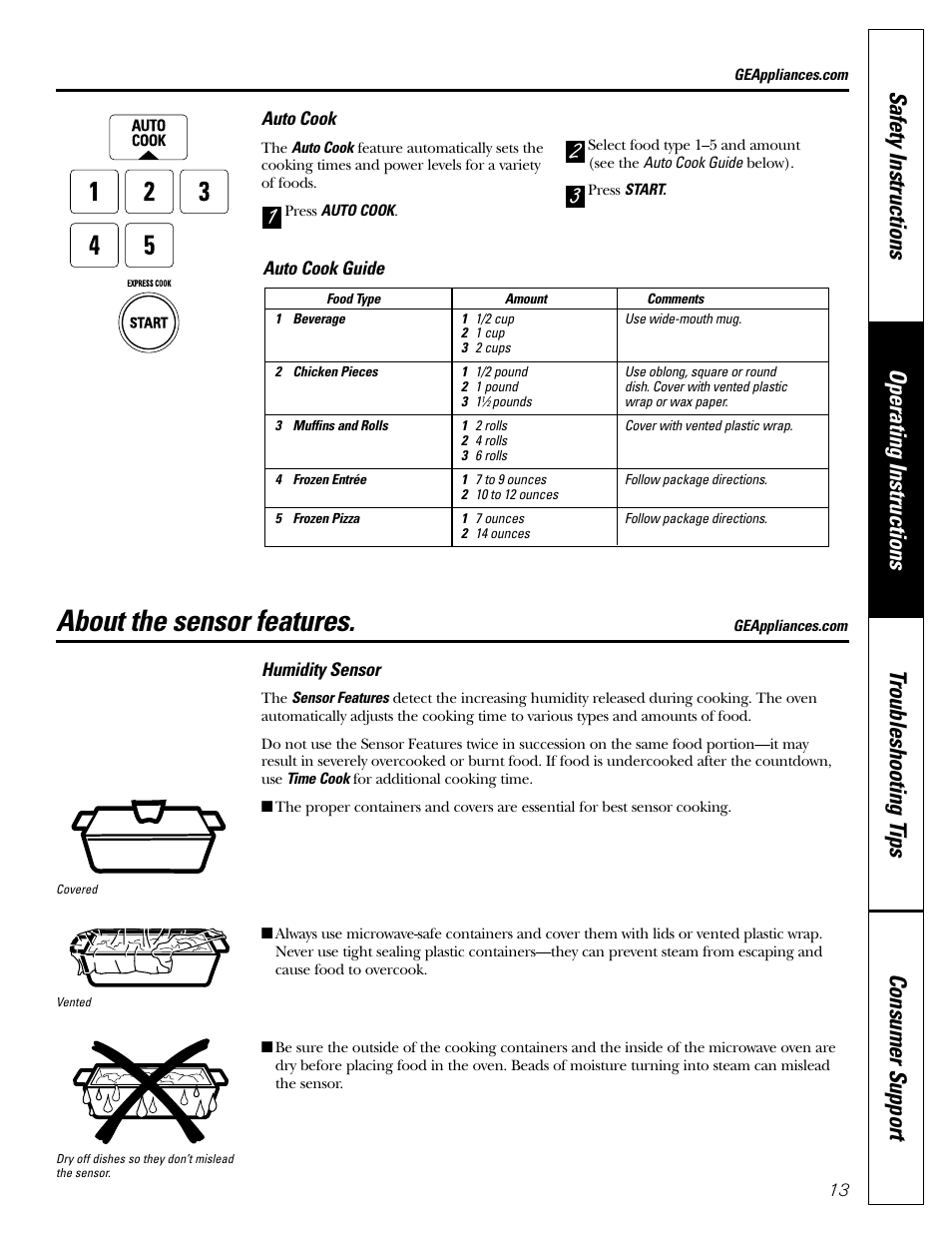 Sensor features, Sensor features –16, About the sensor features | GE JE1160 User Manual | Page 13 / 24