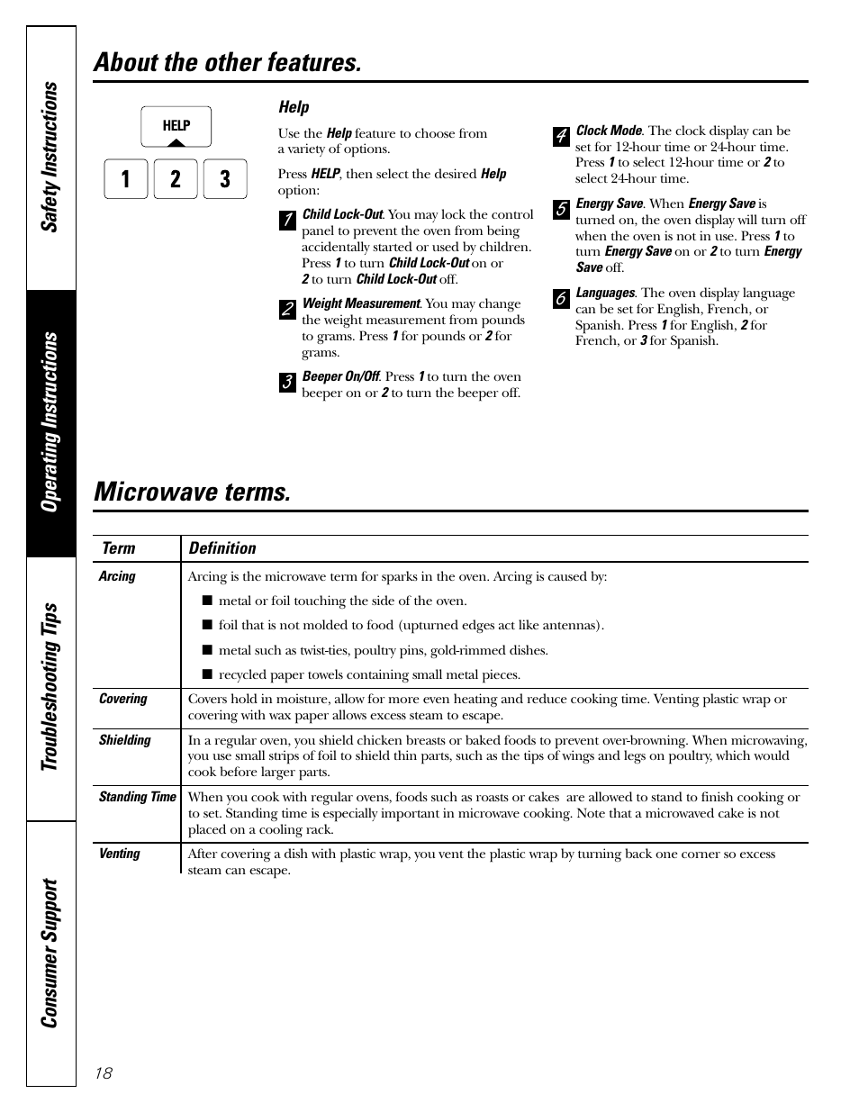 Microwave terms, About the other features | GE JE1160 User Manual | Page 18 / 24