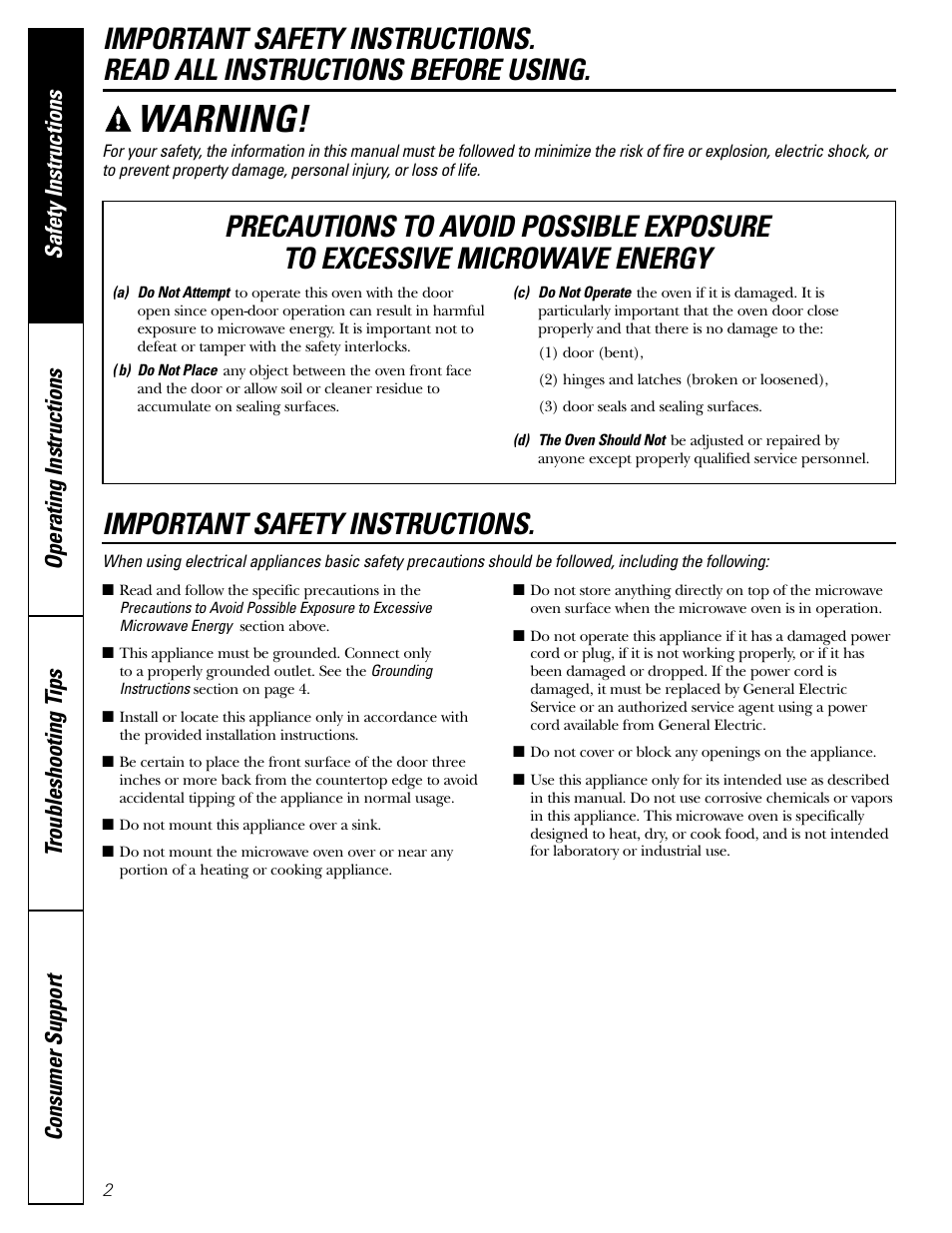 Safety information, Warning, Important safety instructions | GE JE1160 User Manual | Page 2 / 24