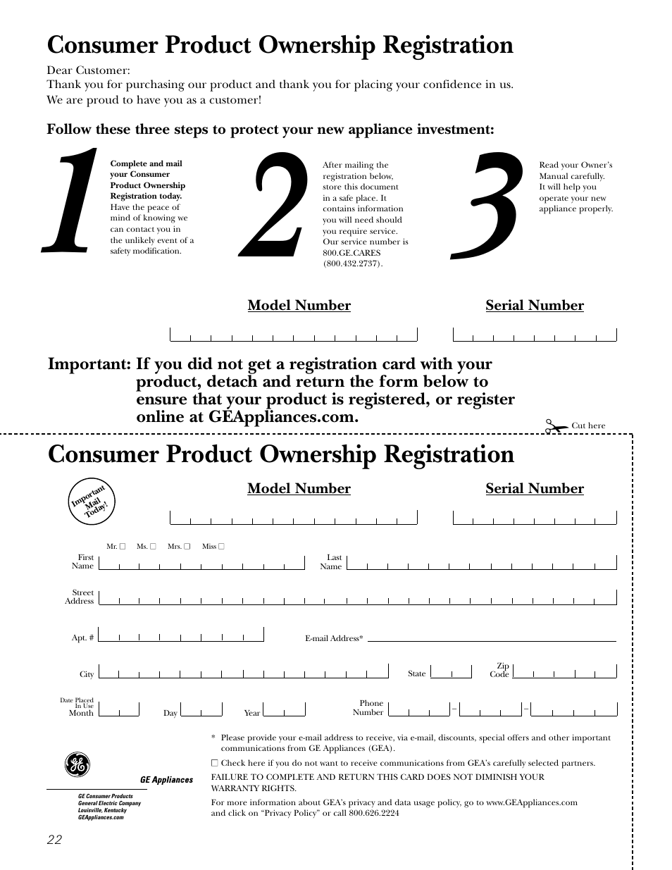 Consumer product ownership registration, Model number serial number | GE JE1160 User Manual | Page 22 / 24