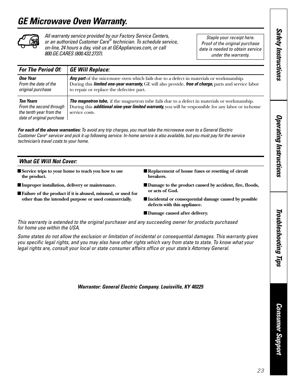 Warranty, Ge microwave oven warranty | GE JE1160 User Manual | Page 23 / 24