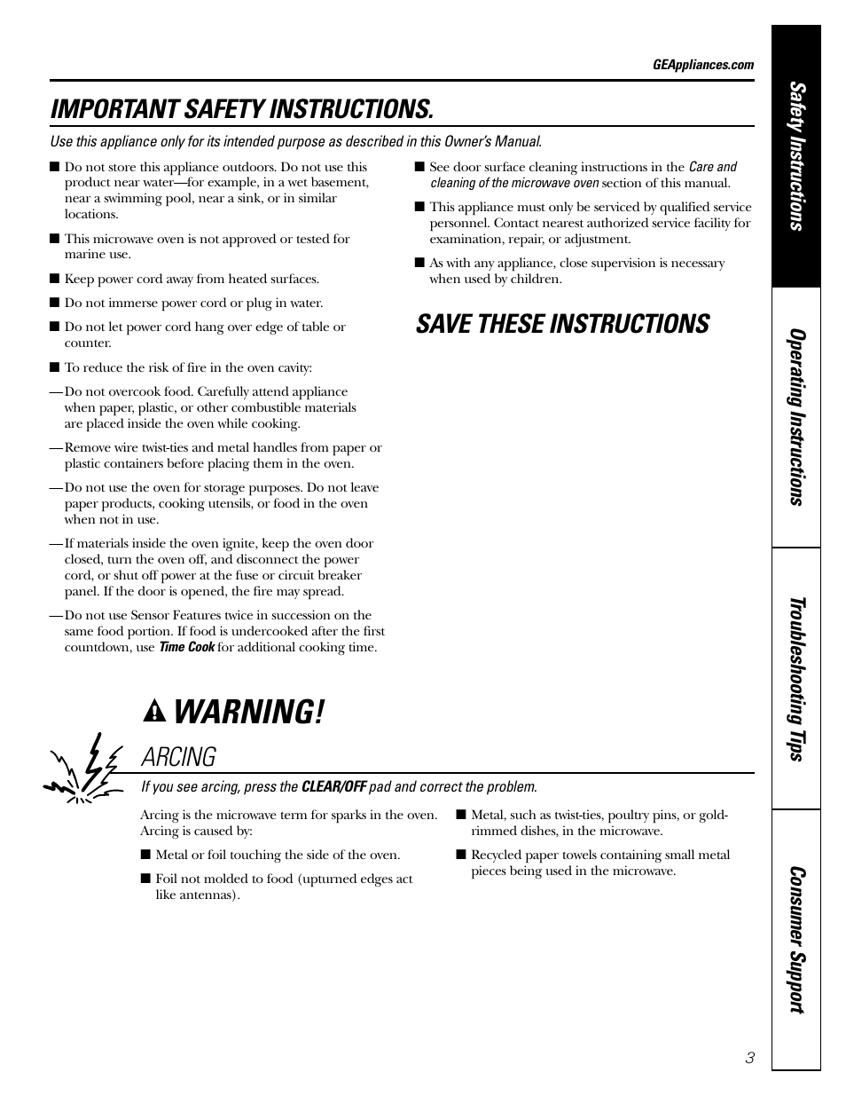 Warning, Arcing | GE JE1160 User Manual | Page 3 / 24