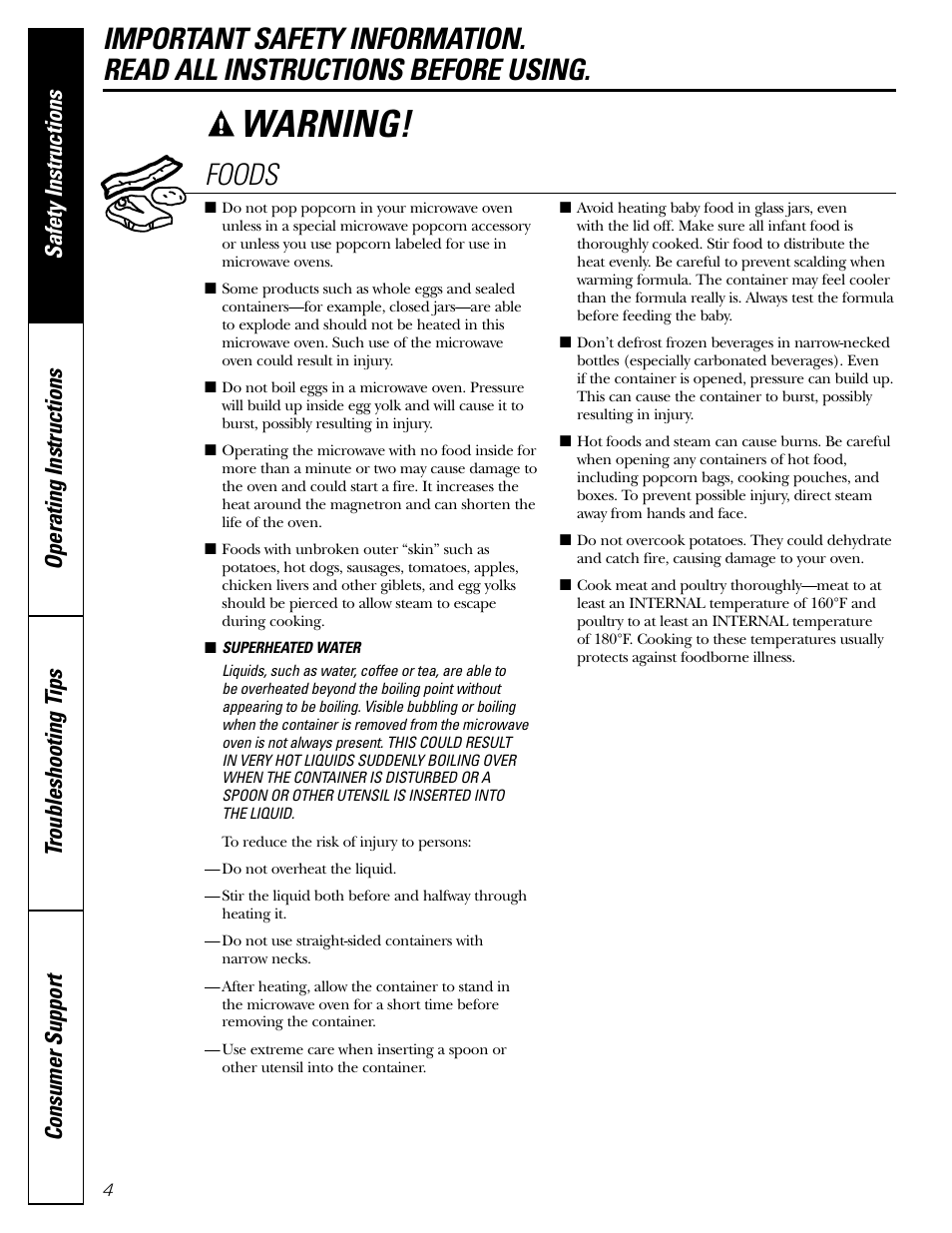 Warning, Foods | GE JE1160 User Manual | Page 4 / 24