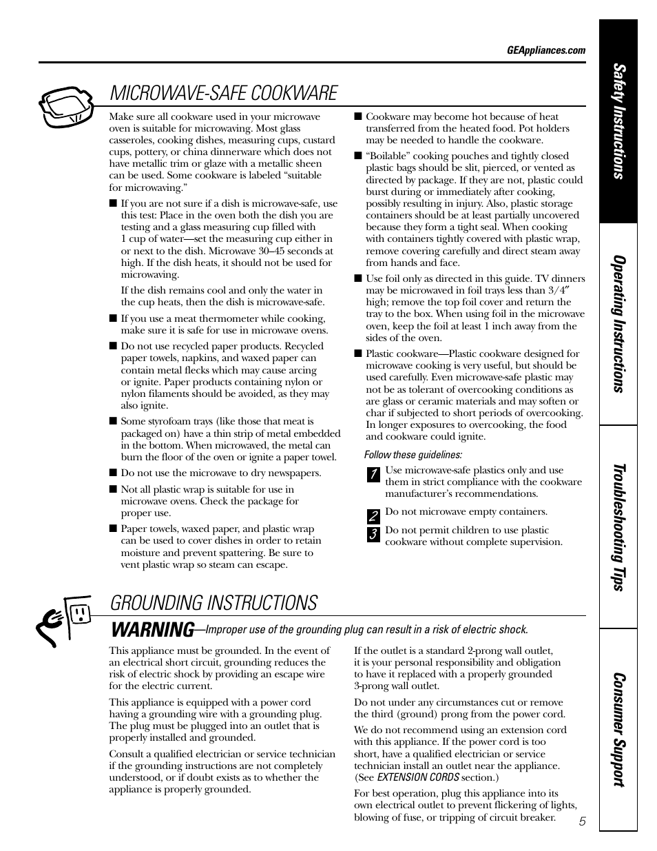 Microwave-safe cookware, 32 1 grounding instructions, Warning | GE JE1160 User Manual | Page 5 / 24