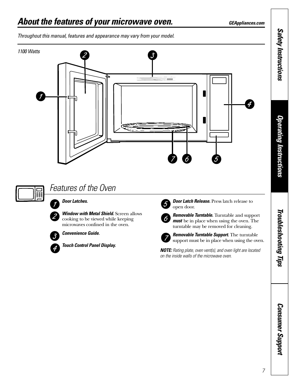 Oven features, Oven features , 8, About the features of your microwave oven | Features of the oven | GE JE1160 User Manual | Page 7 / 24