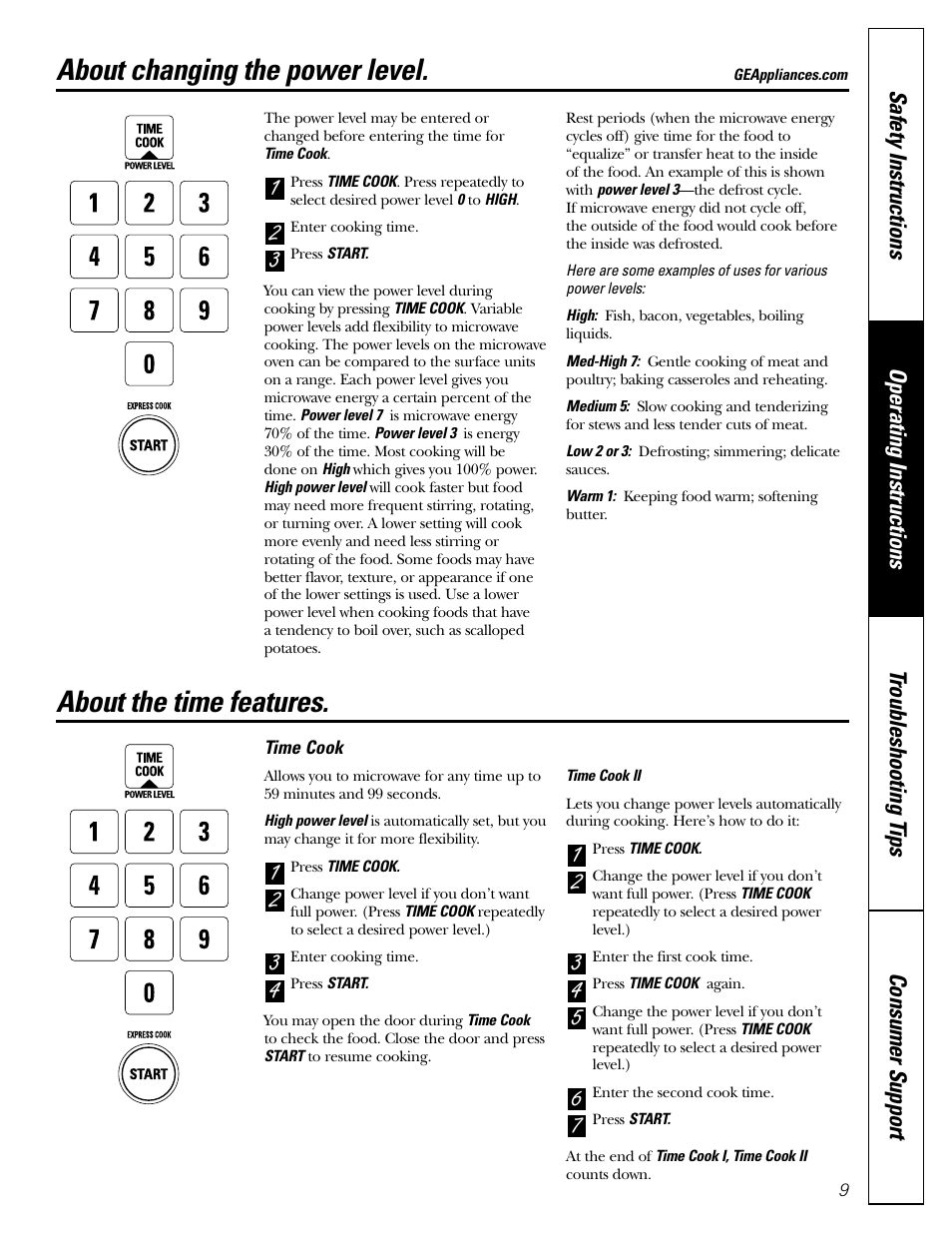 Power levels, Time features, Time features –12 | About changing the power level, 32 1 about the time features | GE JE1160 User Manual | Page 9 / 24