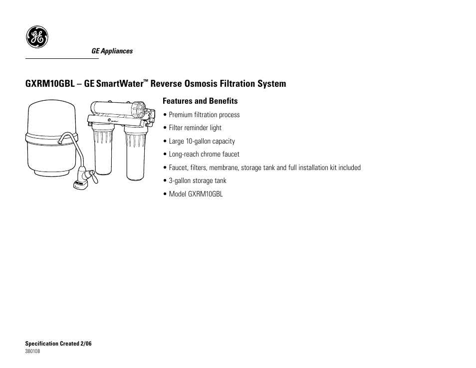 Gxrm10gbl – ge, Smartwater, Reverse osmosis filtration system | GE GXRM10GBL User Manual | Page 2 / 2