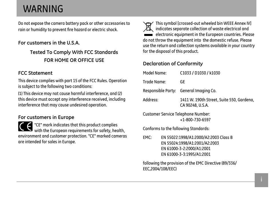 Warning | GE D1030 User Manual | Page 2 / 78