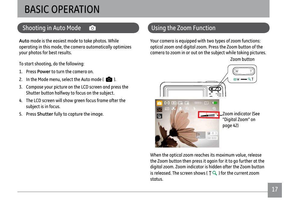 Basic operation, Shooting in auto mode, Using the zoom function | GE D1030 User Manual | Page 20 / 78