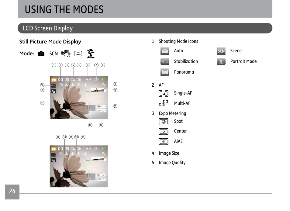 Using the modes, 24 25 lcd screen display, Still picture mode display mode | GE D1030 User Manual | Page 27 / 78