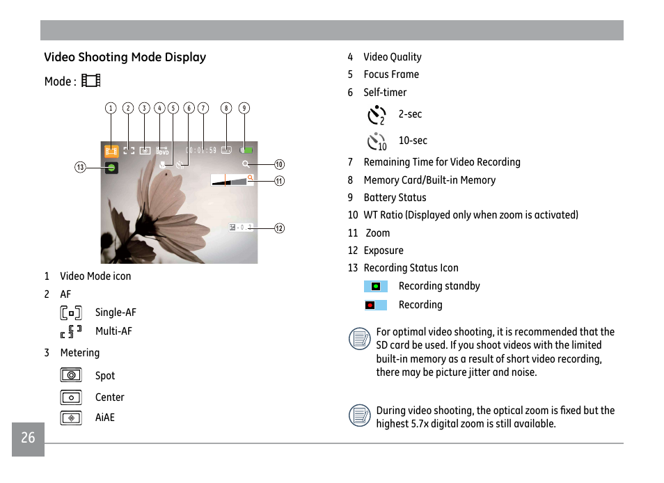 Video shooting mode display mode | GE D1030 User Manual | Page 29 / 78