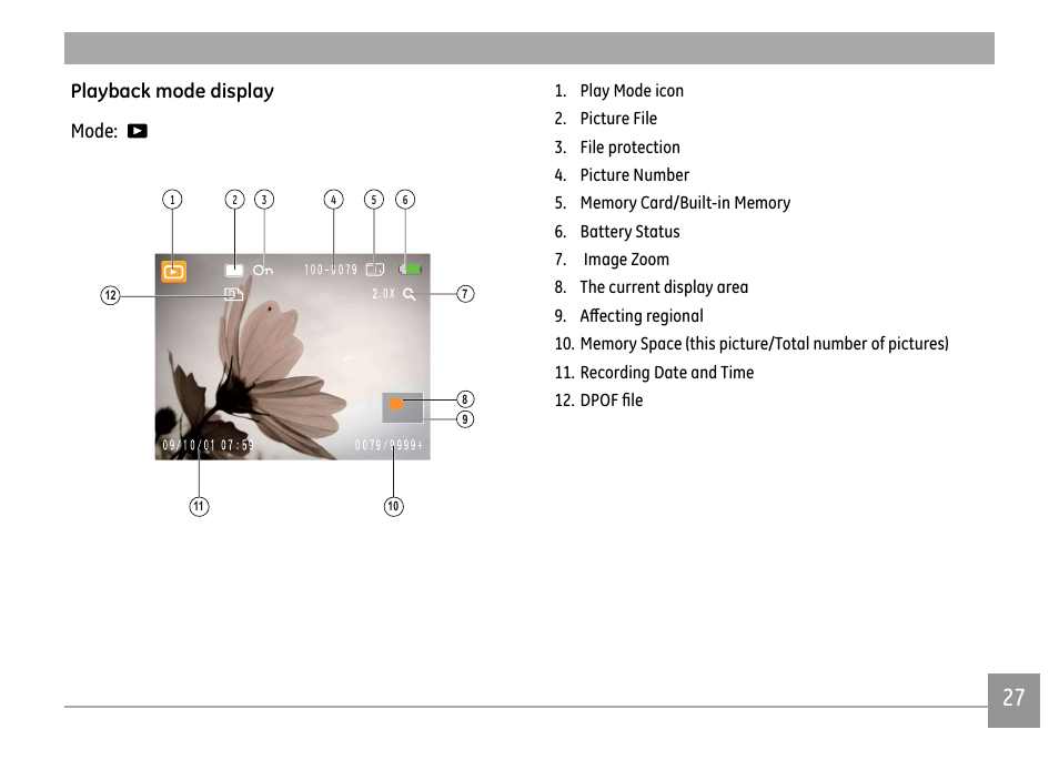 Playback mode display mode | GE D1030 User Manual | Page 30 / 78