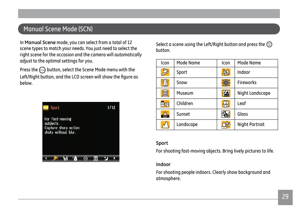 Manual scene mode (scn) | GE D1030 User Manual | Page 32 / 78