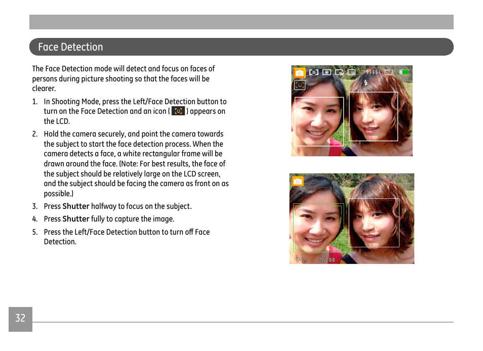 Face detection | GE D1030 User Manual | Page 35 / 78