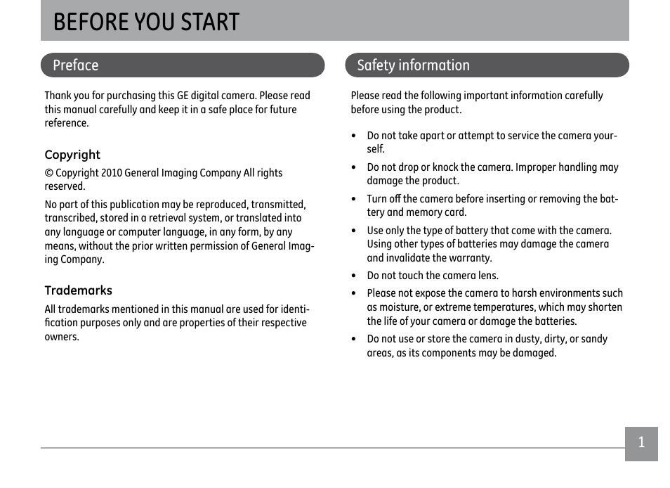 Before you start, Ii 1, Preface | Safety information | GE D1030 User Manual | Page 4 / 78