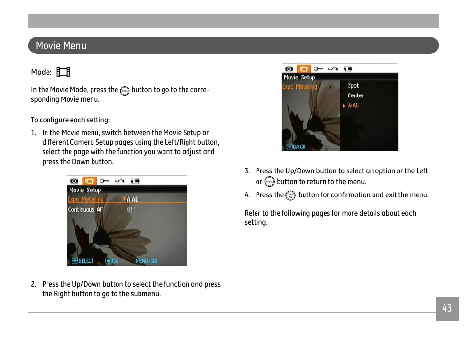 42 43 movie menu | GE D1030 User Manual | Page 46 / 78