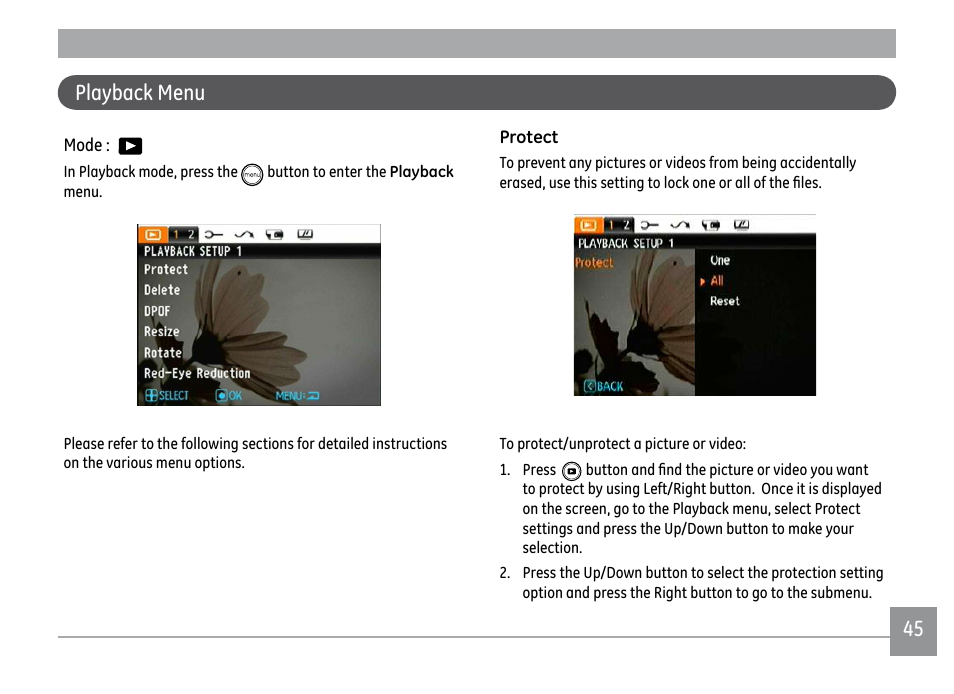 44 45 playback menu | GE D1030 User Manual | Page 48 / 78