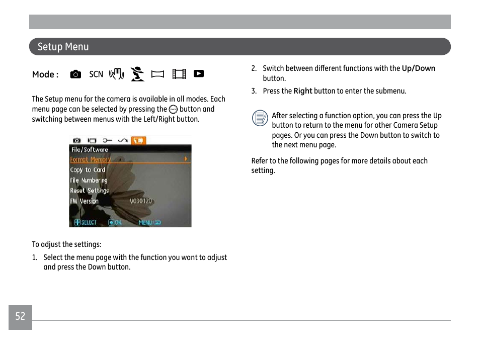 52 53 setup menu | GE D1030 User Manual | Page 55 / 78