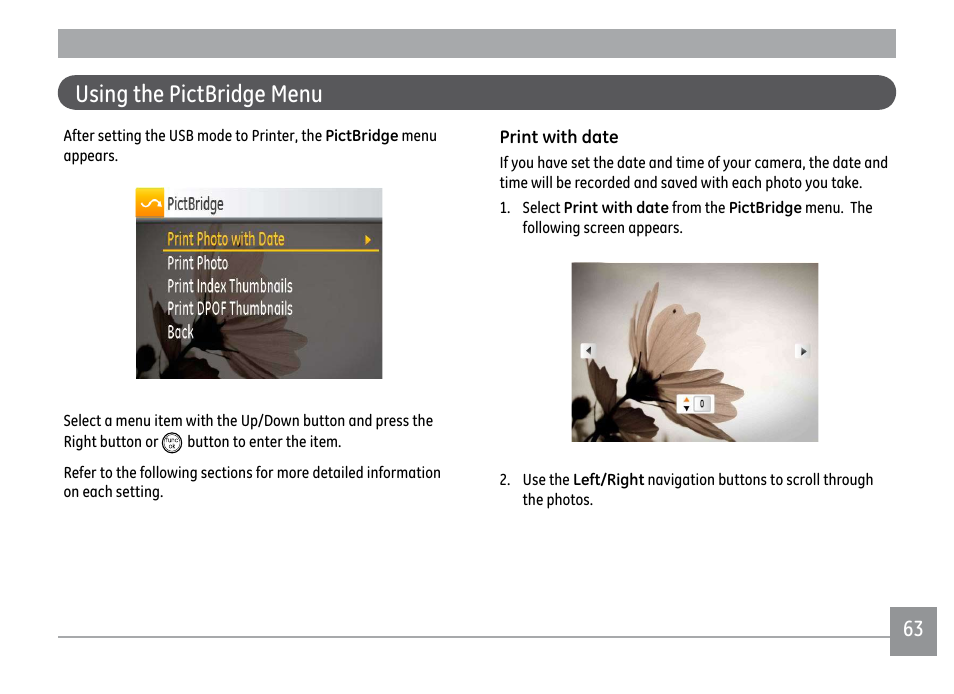 Using the pictbridge menu | GE D1030 User Manual | Page 66 / 78