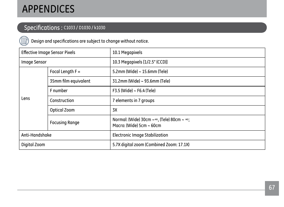 Appendices, Specifications | GE D1030 User Manual | Page 70 / 78