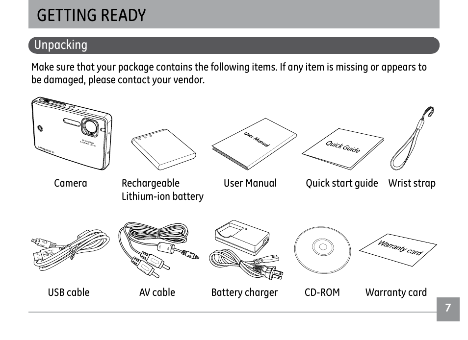 Getting ready, Unpacking | GE G1 User Manual | Page 11 / 88