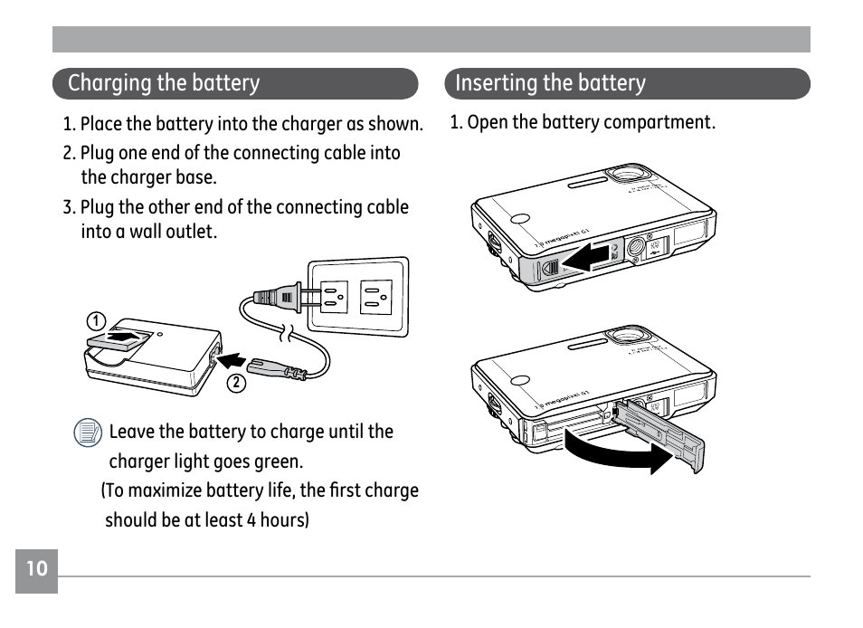 Charging the battery inserting the battery | GE G1 User Manual | Page 14 / 88