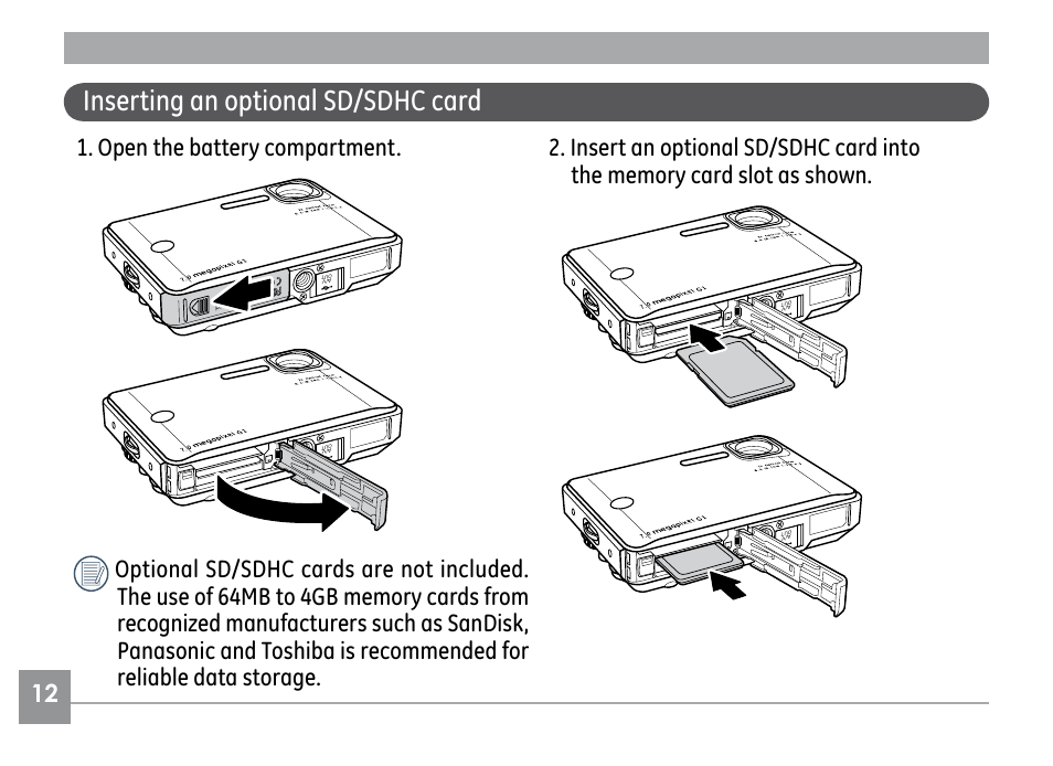 Inserting an optional sd/sdhc card | GE G1 User Manual | Page 16 / 88