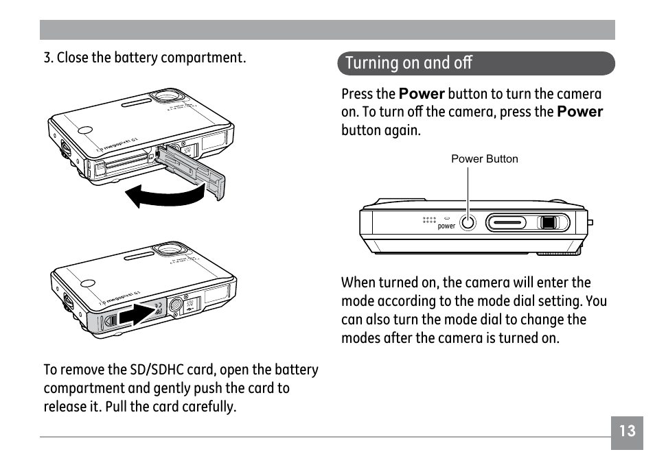 Turning on and off, Close the battery compartment | GE G1 User Manual | Page 17 / 88