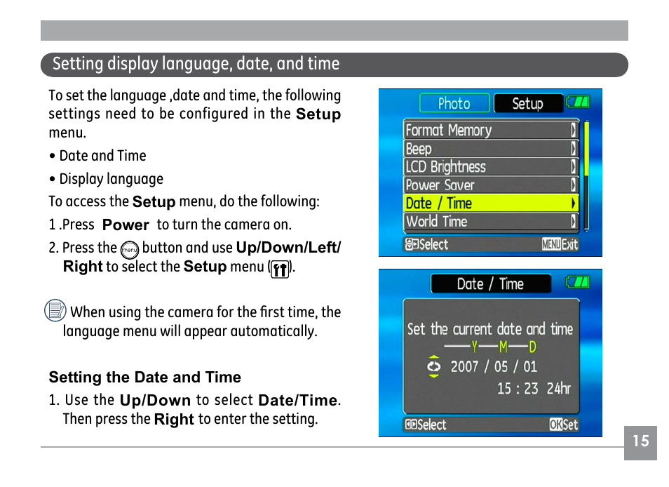 Setting display language, date, and time | GE G1 User Manual | Page 19 / 88