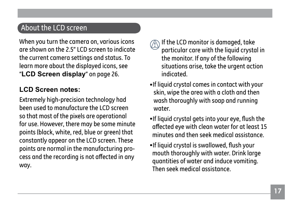 About the lcd screen | GE G1 User Manual | Page 21 / 88