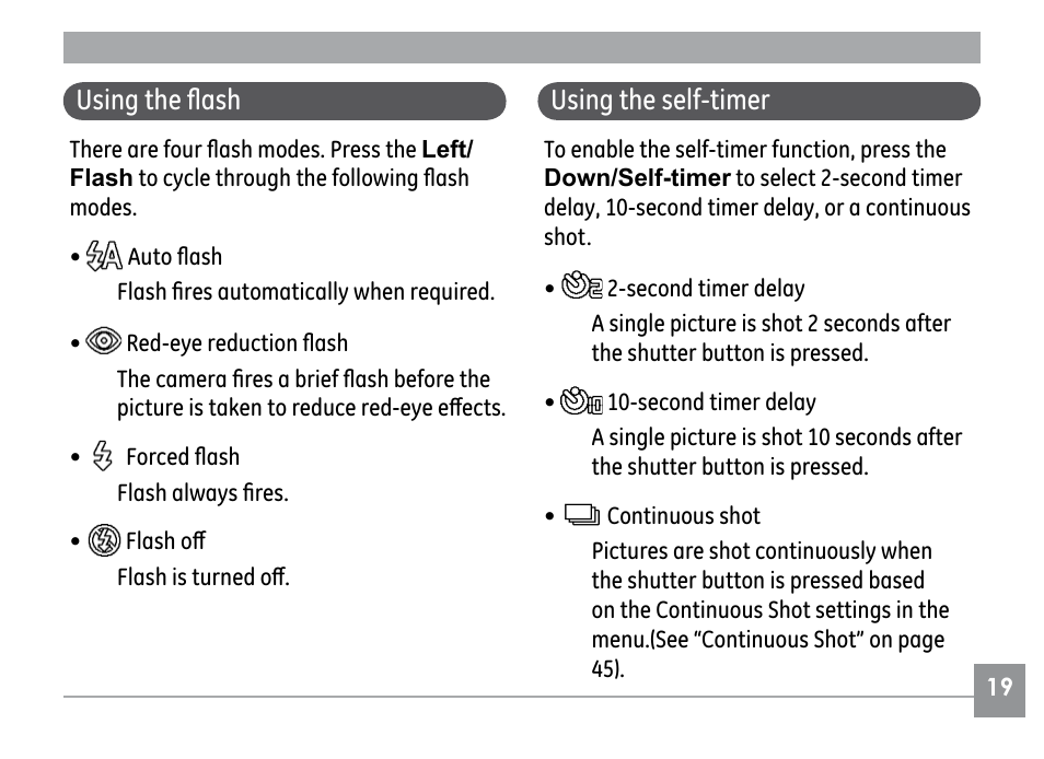 Using the flash, Using the self-timer | GE G1 User Manual | Page 23 / 88