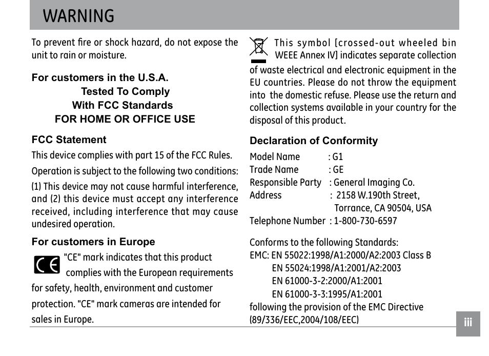 Warning | GE G1 User Manual | Page 3 / 88