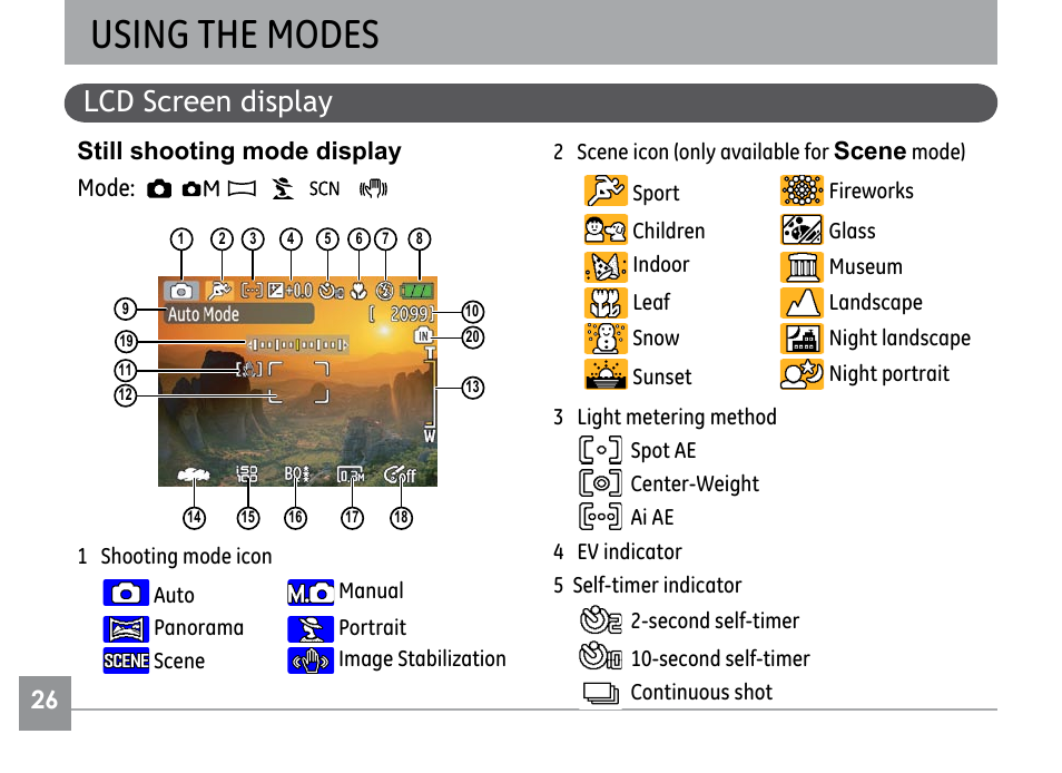 Using the modes, Lcd screen display, Still shooting mode display mode | Scene | GE G1 User Manual | Page 30 / 88