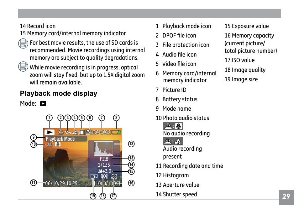 Playback mode display mode | GE G1 User Manual | Page 33 / 88