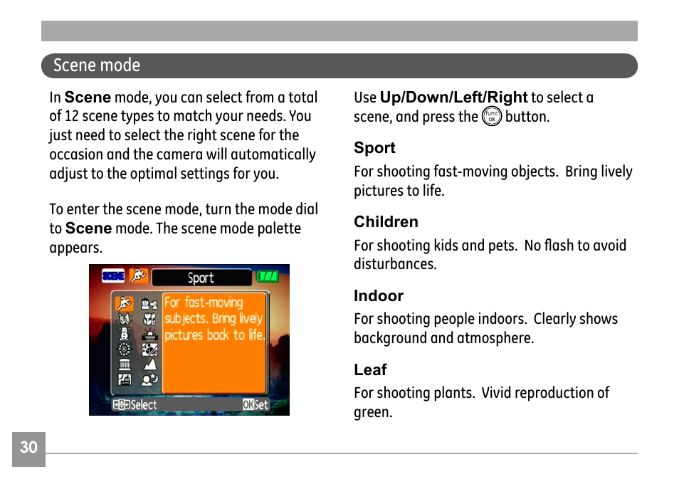 Scene mode | GE G1 User Manual | Page 34 / 88