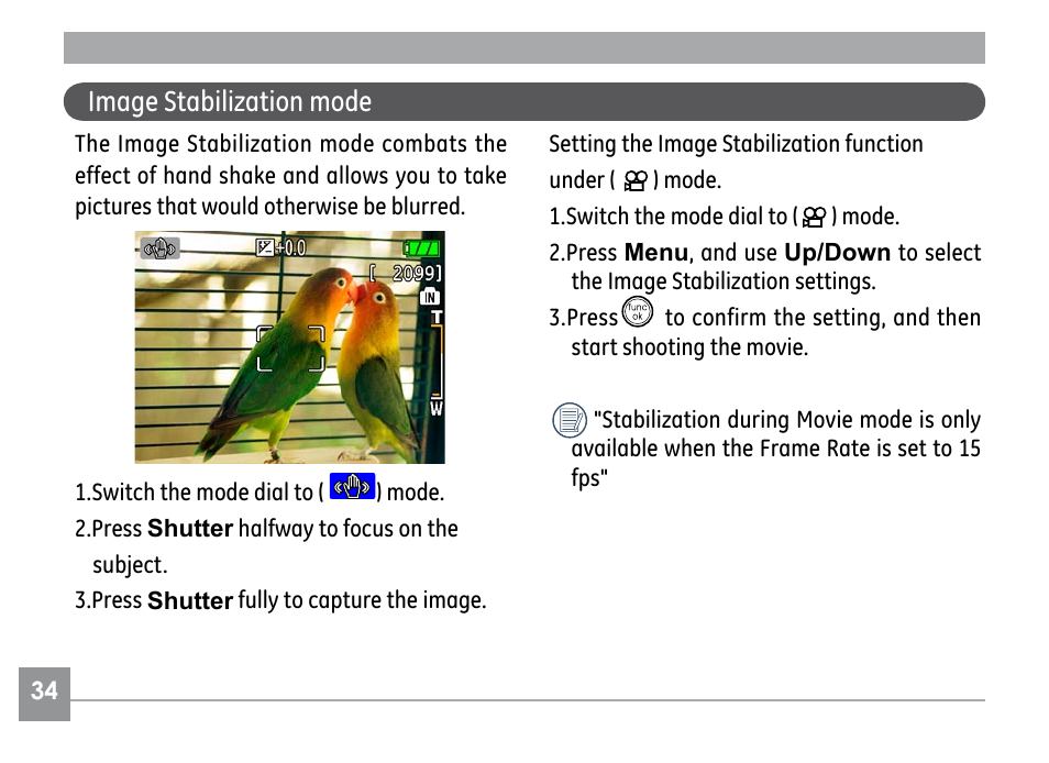 Image stabilization mode | GE G1 User Manual | Page 38 / 88