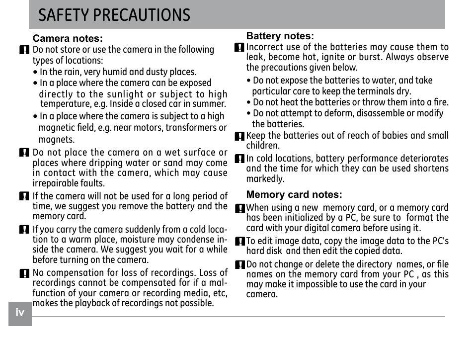 Safety precautions | GE G1 User Manual | Page 4 / 88