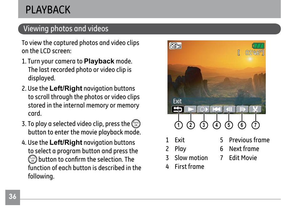 Playback, Viewing photos and videos | GE G1 User Manual | Page 40 / 88