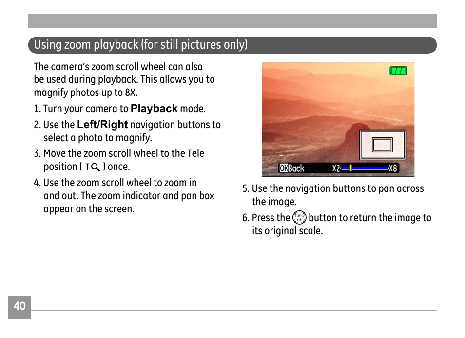 Using zoom playback (for still pictures only) | GE G1 User Manual | Page 44 / 88