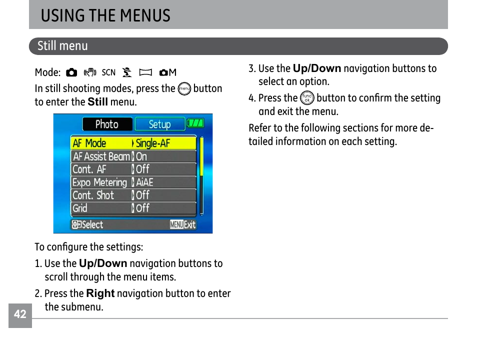 Using the menus, Still menu | GE G1 User Manual | Page 46 / 88