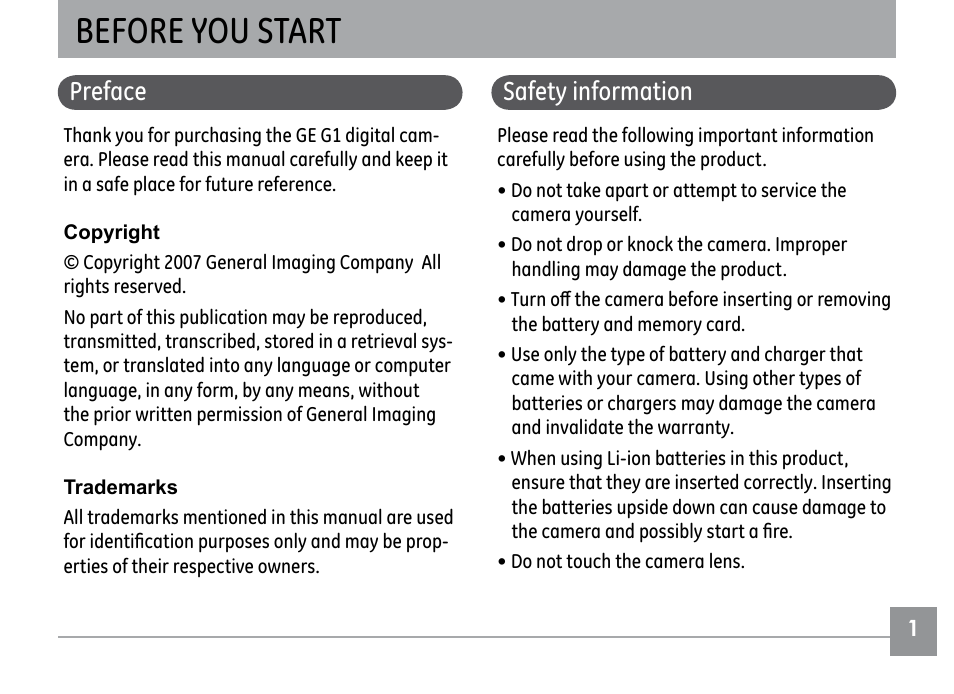 Before you start, Preface, Safety information | GE G1 User Manual | Page 5 / 88