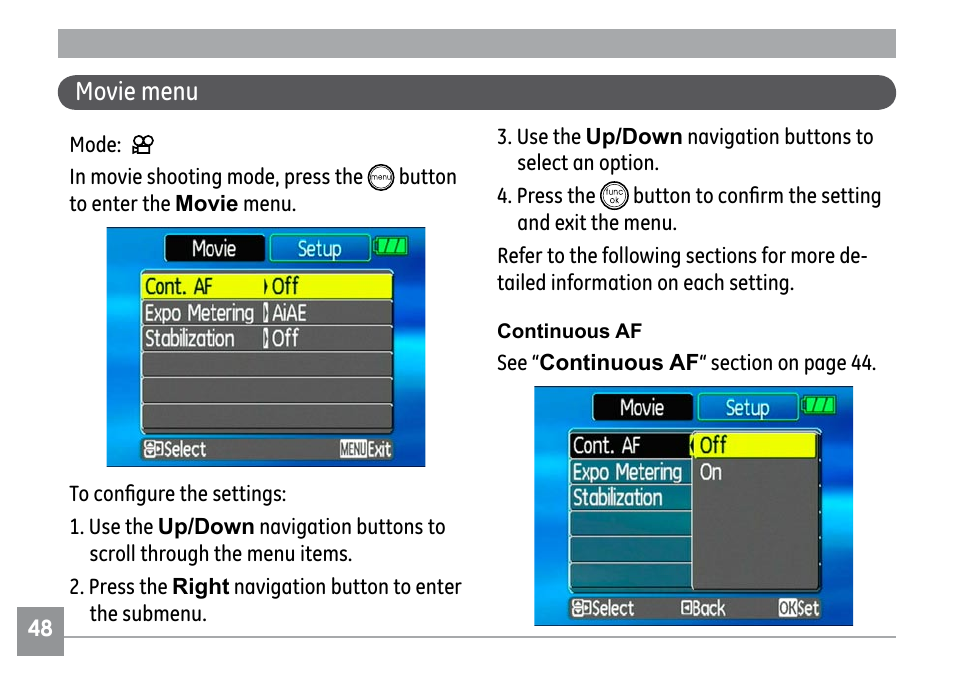 Movie menu | GE G1 User Manual | Page 52 / 88