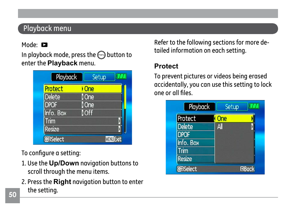 Playback menu | GE G1 User Manual | Page 54 / 88