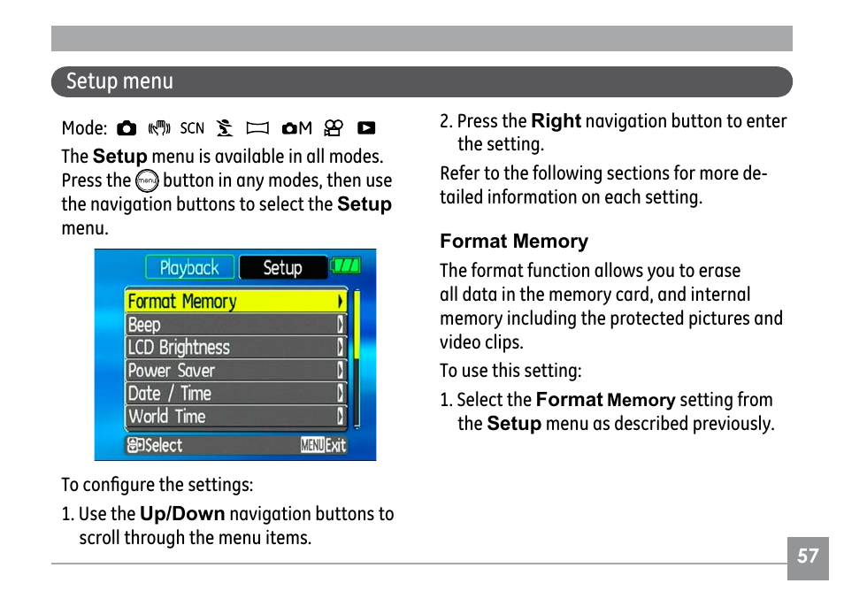 Setup menu | GE G1 User Manual | Page 61 / 88