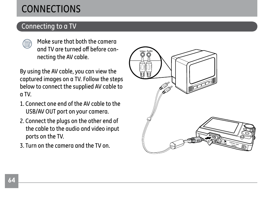 Connections, Connecting to a tv | GE G1 User Manual | Page 68 / 88