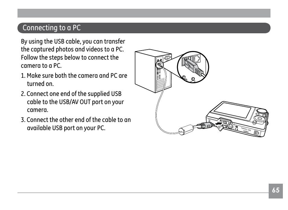 Connecting to a pc | GE G1 User Manual | Page 69 / 88
