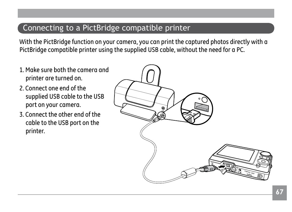 Connecting to a pictbridge compatible printer | GE G1 User Manual | Page 71 / 88