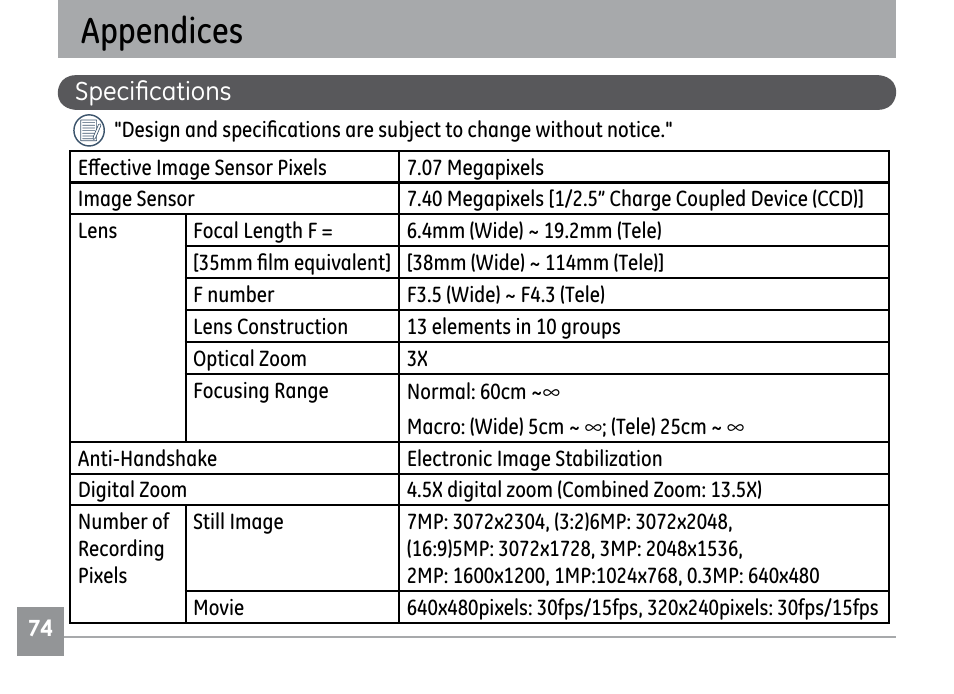 Appendices | GE G1 User Manual | Page 78 / 88