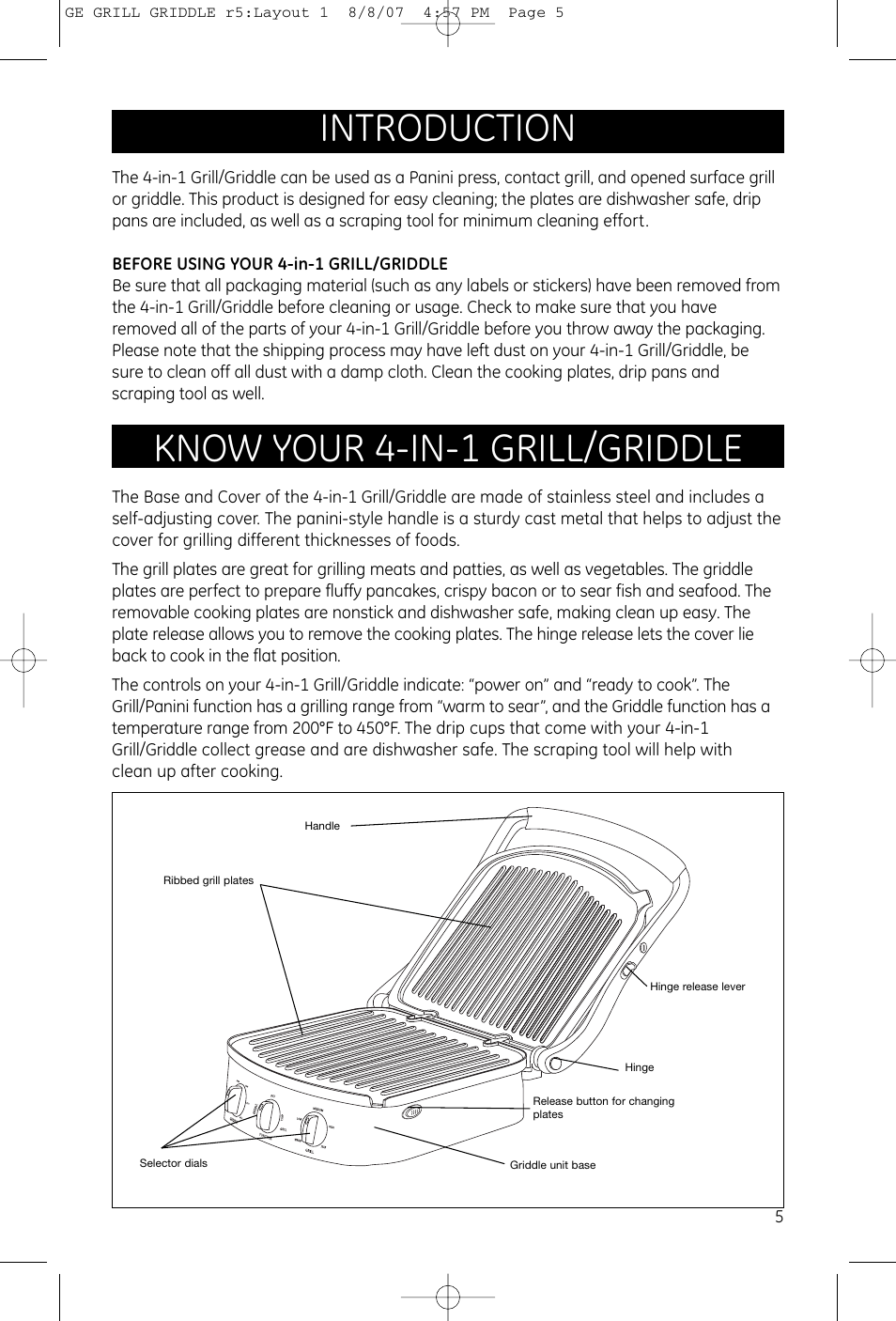 Introduction, Know your 4-in-1 grill/griddle | GE 681131691482 User Manual | Page 4 / 11