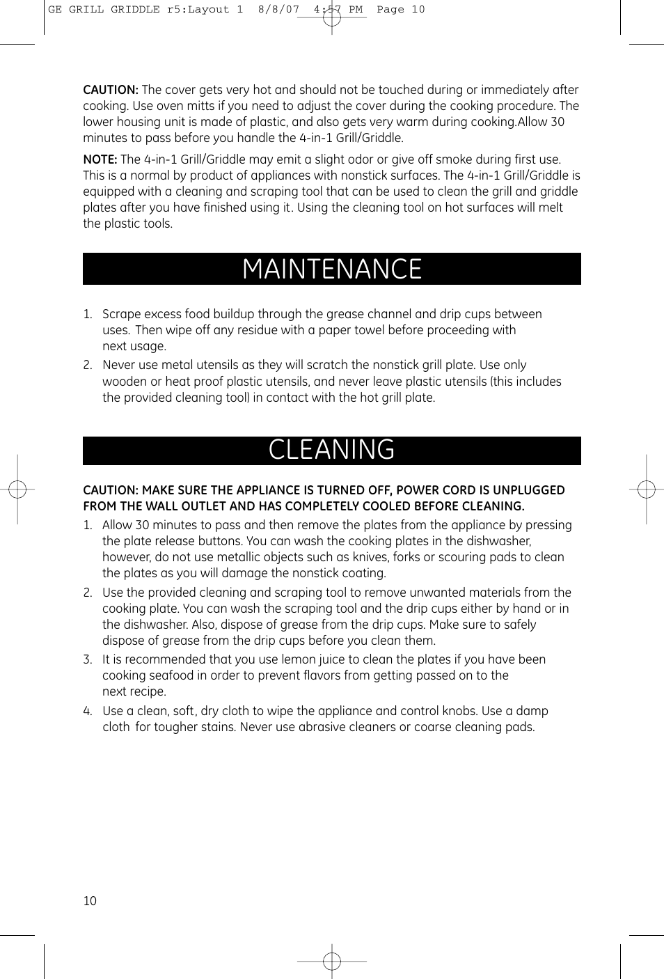 Maintenance, Cleaning | GE 681131691482 User Manual | Page 9 / 11